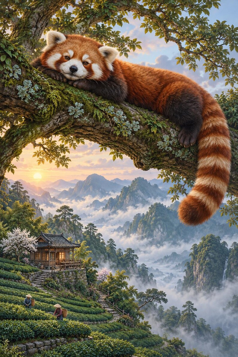 Red Panda Art Print | Misty Tea Garden Fantasy Wall Decor image 1
