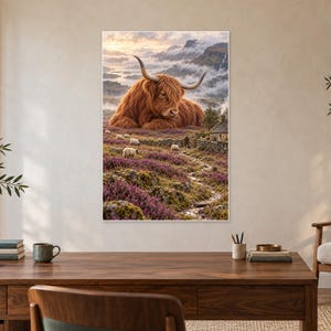 Konsttryck av höglandsko | Väggdekoration med heatheräng och fantasi bild 2