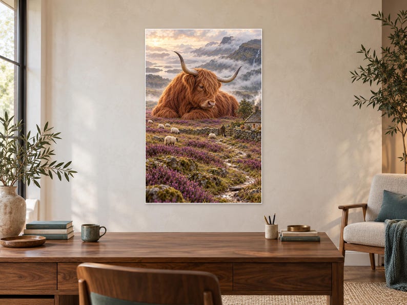 Konsttryck av höglandsko | Väggdekoration med heatheräng och fantasi bild 2