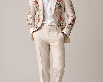 Traje de hombre color crema con bordado floral, atuendo de novio para boda, ropa formal de lujo, regalo para él.