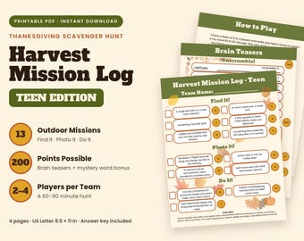Può includere: Un PDF stampabile per una caccia al tesoro del Ringraziamento intitolato Harvest Mission Log Teen Edition. Il documento include 13 missioni all'aperto, 200 punti possibili e istruzioni per 2-4 giocatori per squadra, con rompicapo.