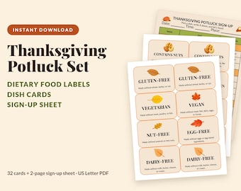 Può includere: Un set per potluck del Ringraziamento che include etichette alimentari, cartellini per piatti e un foglio di iscrizione. Le schede riportano testi come Gluten-Free, Vegetarian, Vegan, Nut-Free, Egg-Free e Dairy-Free con foglie autunnali.