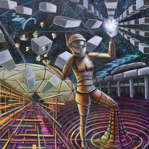 May include: A digital art painting of a futuristic robot standing in a space-like setting. The robot is wearing a helmet and holding a glowing orb. The background is filled with floating cubes and a geometric dome.