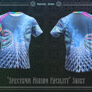 May include: A short-sleeved shirt with a vibrant, cosmic design. The front and back of the shirt feature a blue and purple space-themed graphic with a rainbow accent. The text on the shirt reads 'Spectrum Mining Facility' Shirt.