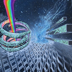 May include: Abstract painting with a rainbow, a swirling blue nebula, and a geometric pattern of white squares on a black background.