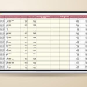 May include: A laptop screen displaying a digital spreadsheet for tracking tips. The table includes columns for Date, Day, Clients/Services/Notes, Cash Tips, Credit/Debit Tips, Auto-Gratuity, Tip-Outs, Qualified Tips, and YTD Qualified Tips.