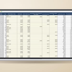 May include: A laptop screen displaying a digital spreadsheet titled with columns for Date, Day, Shift, Cash Tips, Credit/Debit Tips, Auto-Gratuity, Tip-Outs Received, Tips Paid Out, Qualified Tips, and YTD Qualified Tips for tracking income.