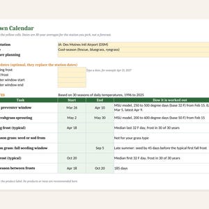 Puede incluir: Un documento My Lawn Calendar que presenta una tabla con columnas para tareas, fechas de inicio y fin. El formulario incluye campos para estación meteorológica, tipo de césped y año, con datos específicos para Des Moines Intl Airport.