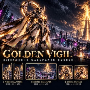 Cyber Mecha Wallpaper Bundle, Phone & Desktop Backgrounds, Gaming Avatars, GOLDEN VIGIL