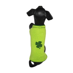May include: A green knitted dog sweater with a green shamrock design.