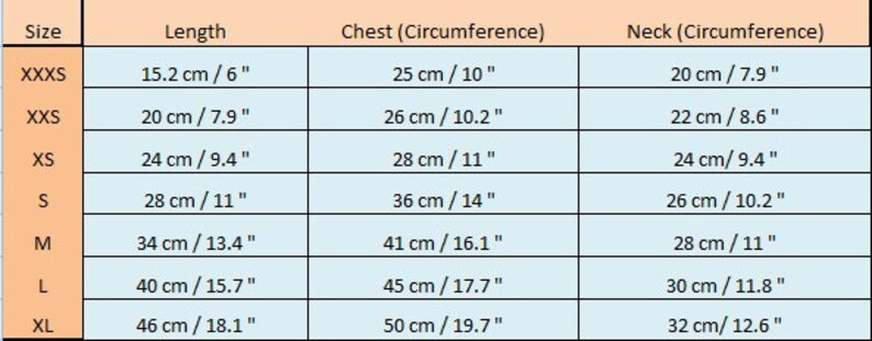 May include: A chart showing size, length, chest circumference, and neck circumference measurements in inches and centimeters for different sizes of clothing. Sizes include XXXS, XXS, XS, S, M, L, and XL.