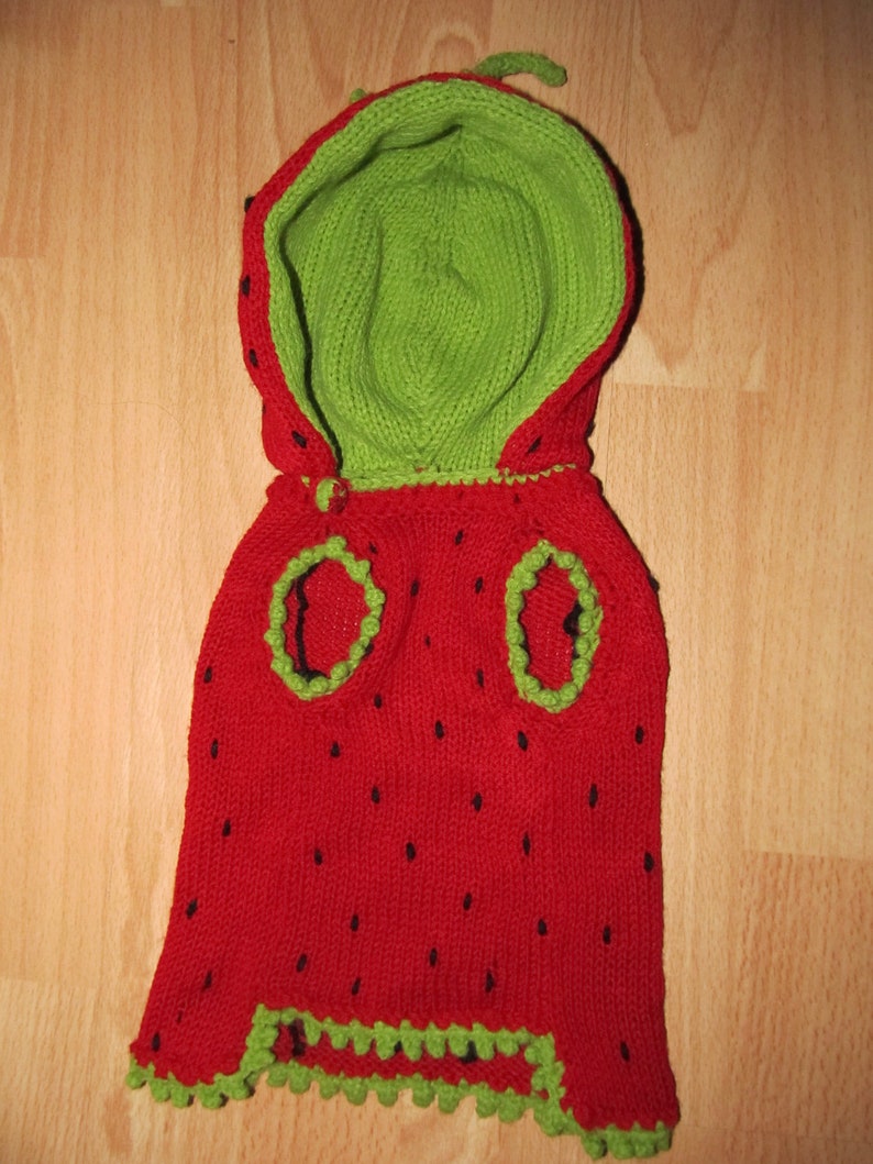 May include: A red knitted strawberry costume with a green hood. The costume has black seed details and a green crocheted trim.