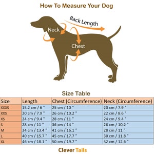 Peut inclure: Un tableau avec une silhouette brune d'un chien montrant comment mesurer un chien pour un harnais ou des v&ecirc;tements. Le tableau comprend des mesures pour le cou, la poitrine et la longueur en pouces et en centim&egrave;tres. Le tableau est intitul&eacute; "Comment mesurer votre chien" et "Tableau des tailles". Le tableau est de Clever Tails.