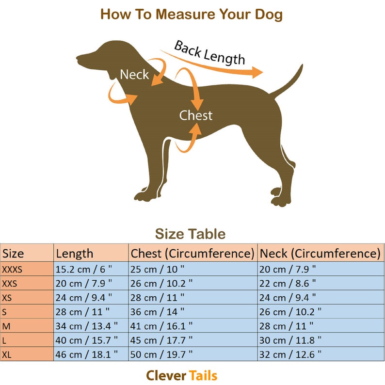 Peut inclure: Un tableau avec une silhouette brune d'un chien montrant comment mesurer un chien pour un harnais ou des v&ecirc;tements. Le tableau comprend des mesures pour le cou, la poitrine et la longueur en pouces et en centim&egrave;tres. Le tableau est intitul&eacute; "Comment mesurer votre chien" et "Tableau des tailles". Le tableau est de Clever Tails.