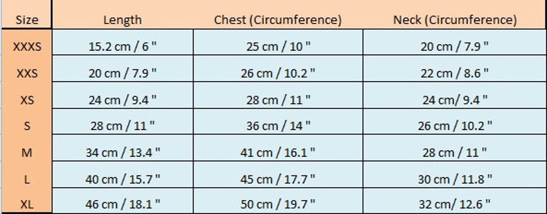 May include: Size chart for clothing with measurements in inches and centimeters. The chart shows sizes from XXXS to XL with corresponding length, chest, and neck measurements.
