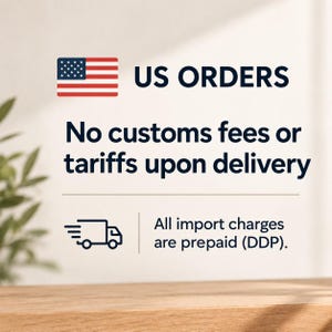 May include: A graphic sign featuring the United States flag icon and the text US ORDERS. Below this, the text reads No customs fees or tariffs upon delivery. A truck icon is displayed next to the text All import charges are prepaid (DDP).