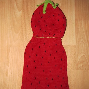 May include: Red knitted strawberry hat with green felt leaves and a green crocheted trim.