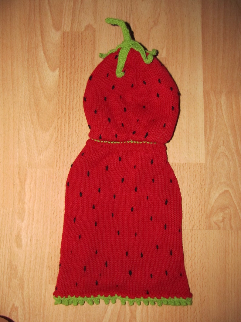 May include: Red knitted strawberry hat with green felt leaves and a green crocheted trim.