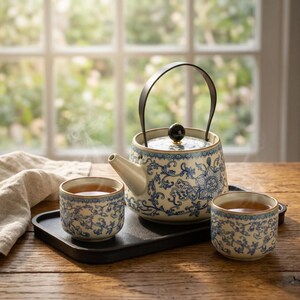 Ru Blue Travel Teapot Set with Two Cups