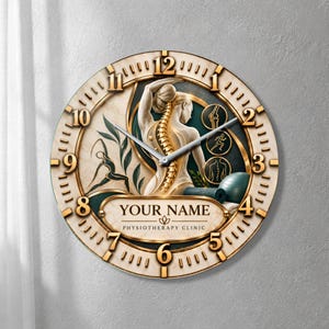 May include: A round wall clock with a cream and gold border featuring gold numerals. The center displays a stylized human figure with a visible spine, a yoga pose silhouette, and three circular medical icons. Text reads YOUR NAME PHYSIOTHERAPY CLINIC.