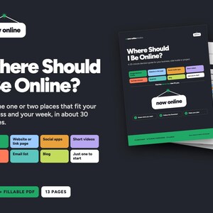 May include: A 13-page digital guide titled Where Should I Be Online? featuring a dark background with colorful rectangular buttons labeled Google profile, Website, Social apps, Short videos, YouTube, Email list, Blog, and Just one to start.