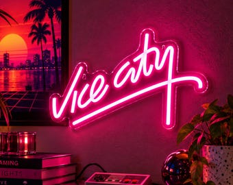 Roze Vice City LED-neonbord | Gamingkamerdecor | Retro arcade wandkunst | Verjaardagscadeau voor gamer | Streamer setup | Sfeerverlichting