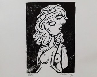 Oracle of Delphi, Pythia linocut print black and white, hand-pulled Greek Mythology