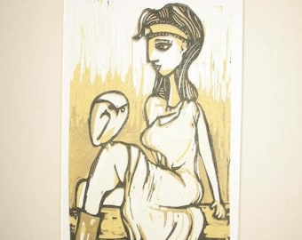 Athena, dea della saggezza riduzione linocut print, mitologia greca tirata a mano