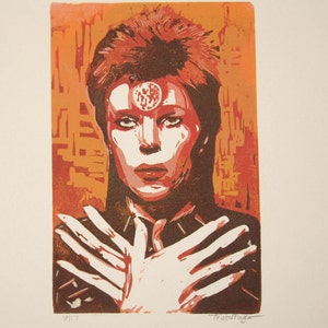 Ziggy Stardust David Bowie single-block linocut reduction print