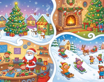 Weihnachten Suchbilder Kinder PDF zum Ausdrucken | 6 Wimmelbilder mit Lösungen 2 Schwierigkeitsstufen | Suchrätsel Printable