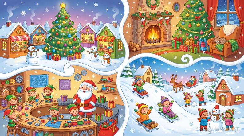 Weihnachten Suchbilder Kinder PDF zum Ausdrucken | 6 Wimmelbilder mit Lösungen 2 Schwierigkeitsstufen | Suchrätsel Printable image 1