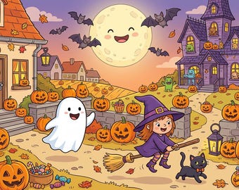 Obrazki z ukrytymi przedmiotami na Halloween dla dzieci – PDF do druku | 6 obrazków z ukrytymi przedmiotami i rozwiązaniami, 2 poziomy trudności | Łamigłówki z wyszukiwaniem do druku
