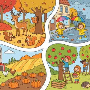 Immagini autunnali con oggetti nascosti per bambini (PDF stampabile) | 6 immagini con oggetti nascosti e soluzioni, 2 livelli di difficoltà | Puzzle di ricerca stampabili immagine 1