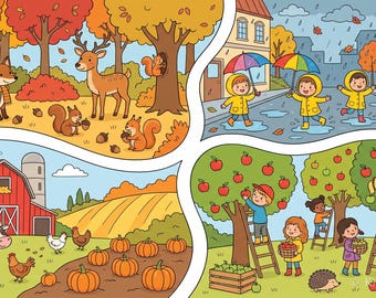 Herbst Suchbilder Kinder PDF zum Ausdrucken | 6 Wimmelbilder mit Lösungen 2 Schwierigkeitsstufen | Suchrätsel Printable