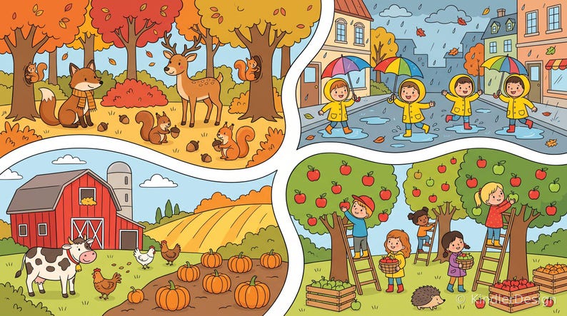 Immagini autunnali con oggetti nascosti per bambini (PDF stampabile) | 6 immagini con oggetti nascosti e soluzioni, 2 livelli di difficoltà | Puzzle di ricerca stampabili immagine 1