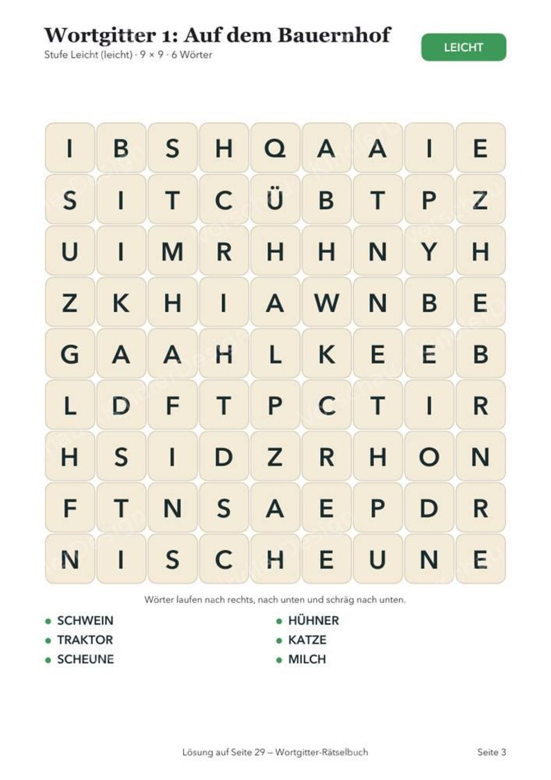 Word search puzzle book for children, printable PDF | 25 word search puzzles with solutions, 3 levels | Word search puzzle booklet for ages 6-10 image 2