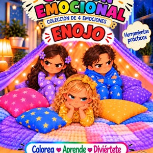 May include: A children's activity book cover titled Aprende y Practica GESTIÓN EMOCIONAL COLECCIÓN DE 4 EMOCIONES ENOJO. It features three illustrated children with angry expressions sitting on a bed with colorful star-patterned pillows.