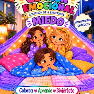 May include: A children's activity book cover titled Aprende y Practica GESTION EMOCIONAL MIEDO. It features three illustrated children in pajamas under a blue star-patterned blanket, surrounded by colorful pillows and text in Spanish.