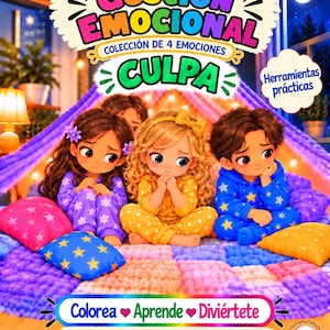 May include: A book cover titled Aprende y Practica GESTIÓN EMOCIONAL CULPA featuring three illustrated children in pajamas sitting on a colorful quilted blanket under a purple canopy with text Colorea Aprende Diviértete.