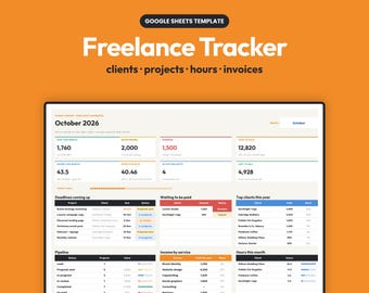 May include: A digital Google Sheets template titled Freelance Tracker for clients, projects, hours, and invoices. The dashboard displays October 2026 data, including financial metrics, project deadlines, client payment status, and income by service.