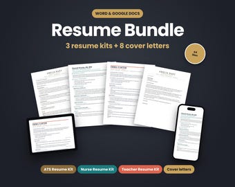 May include: A digital resume bundle for Word and Google Docs featuring three resume kits and eight cover letters. The display includes printed resume pages, a tablet, and a smartphone showing document layouts with text.