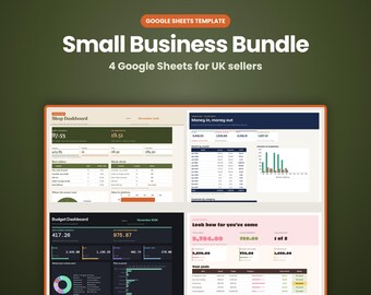 May include: A digital bundle of four Google Sheets templates for small business owners. The graphic displays four distinct dashboard interfaces featuring financial data, charts, and tables with text including Small Business Bundle and 4 Google Sheets for UK sellers.