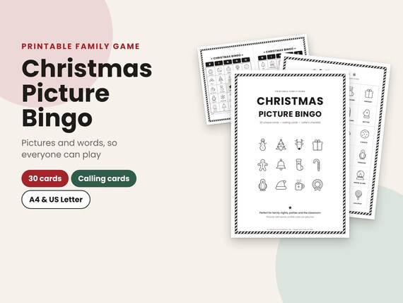 Christmas Picture Bingo Printable, 30 Bingo Cards, Kids Christmas Game, Family Party Game, Classroom Holiday Activity, Instant Download