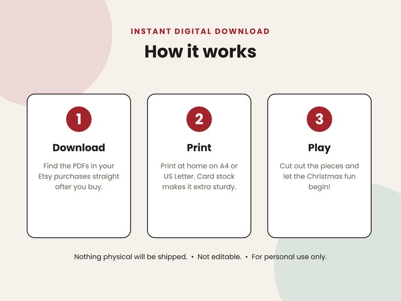 May include: An instructional graphic titled How it works with three steps for an instant digital download. Step 1: Download PDFs from Etsy. Step 2: Print at home on A4 or US Letter paper. Step 3: Cut out the pieces for Christmas fun. Includes text about personal use.