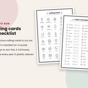 May include: Two white printable sheets featuring black line art for a holiday bingo game. One sheet contains 30 individual calling cards with Christmas icons, and the other is a caller's checklist with checkboxes for four rounds of play.