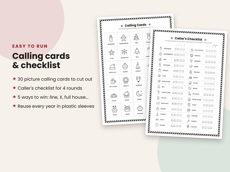 May include: Two white printable sheets featuring black line art for a holiday bingo game. One sheet contains 30 individual calling cards with Christmas icons, and the other is a caller's checklist with checkboxes for four rounds of play.