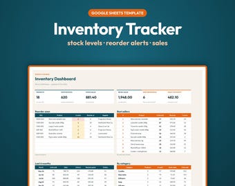 May include: A Google Sheets template for an inventory tracker featuring an inventory dashboard with tables for stock levels, reorder alerts, and sales data. The interface displays product lists, best sellers, and monthly performance metrics in a clean layout.