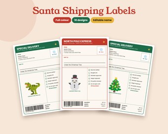 Weihnachtsmann-Versandetiketten (farbig), bearbeitbare Weihnachtsmann-Etiketten (4x6 Zoll), Geschenketiketten für Kinder, Nordpol-Sonderzustellung, druckbare PDF- und PNG-Dateien