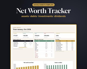 May include: A Google Sheets template for a Net Worth Tracker featuring the text assets, debts, investments, dividends. The dashboard displays financial data including net worth, savings rate, portfolio holdings, and charts for net worth over time.