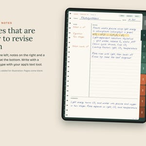 Puede incluir: Una tableta digital que muestra una plantilla de notas Cornell con texto escrito a mano sobre la fotos&iacute;ntesis. La interfaz presenta una barra lateral con pesta&ntilde;as numeradas, una barra de navegaci&oacute;n superior y un l&aacute;piz &oacute;ptico blanco.